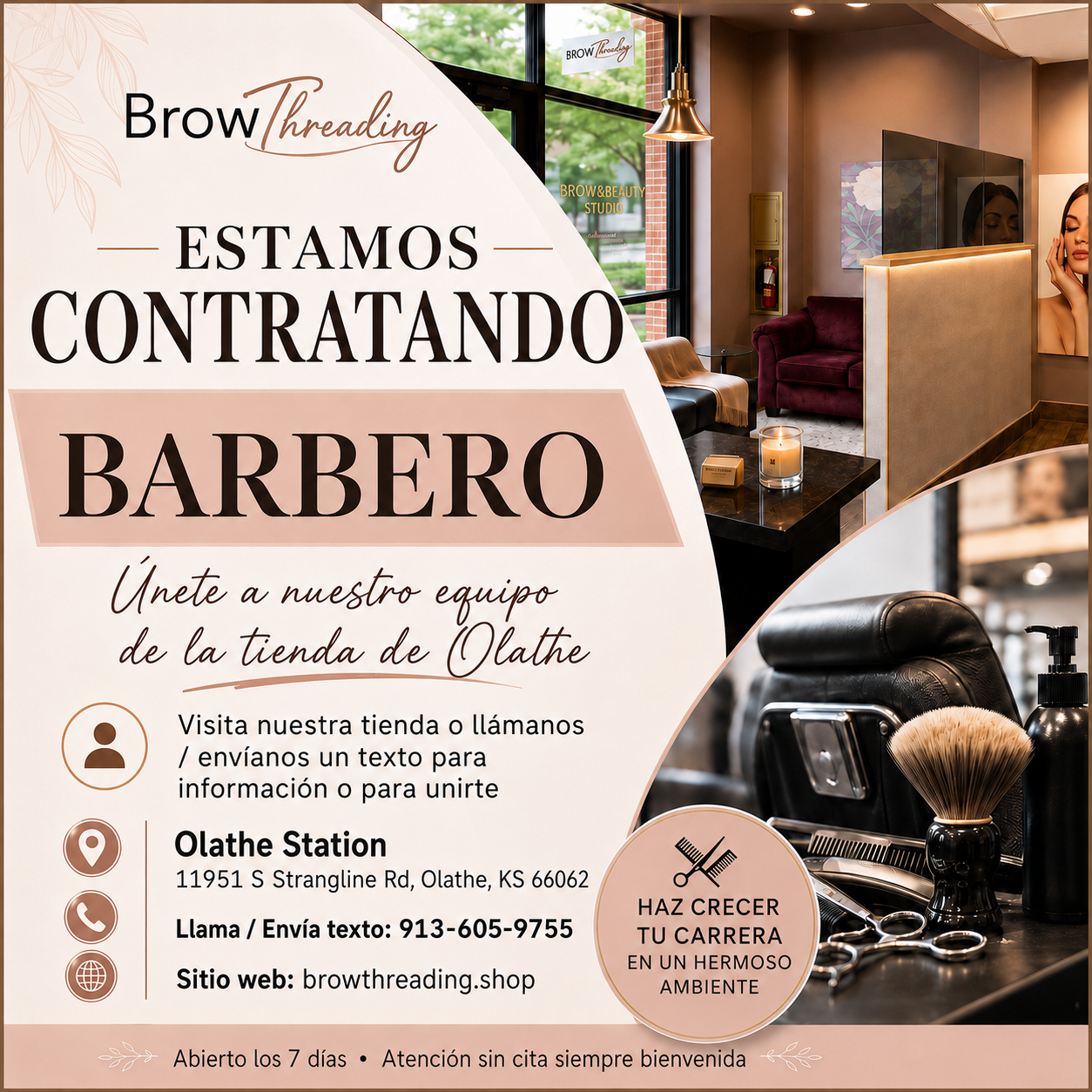 Estamos Contratando Barbero — Brow Threading está contratando en Olathe Station. Llama/envía texto: 913-605-9755